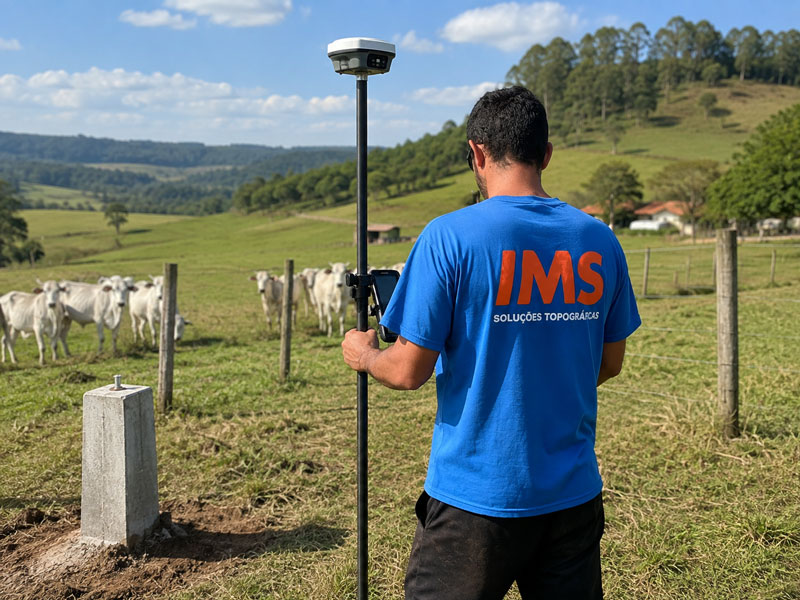 Técnico da IMS com receptor GNSS ao lado de um marco de divisa durante o georreferenciamento de imóvel rural
