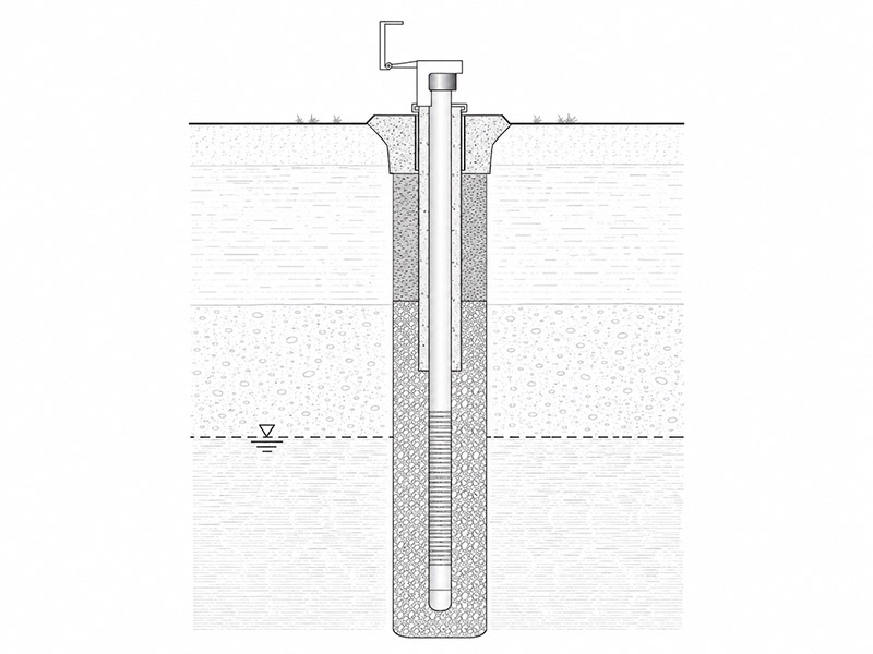 Desenho técnico da instalação de um piezômetro, com o tubo, o filtro e o nível do lençol freático