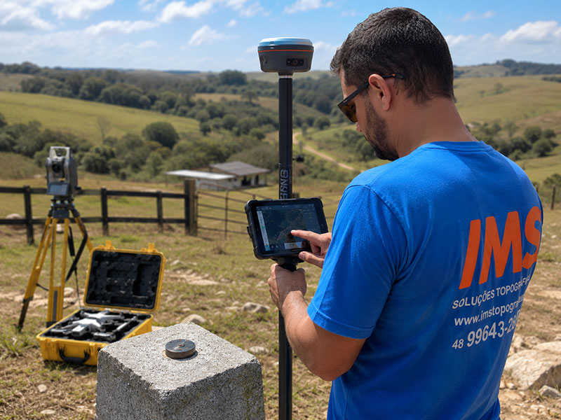 Técnico da IMS operando receptor GNSS com coletor de dados, com estação total montada ao fundo